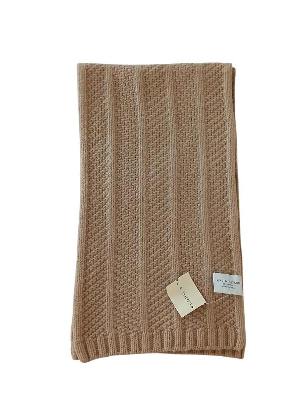 NEW Lord & Taylor 100% Cashmere Cable Knit Scarf Camel Tan Quiet Luxury Neutral